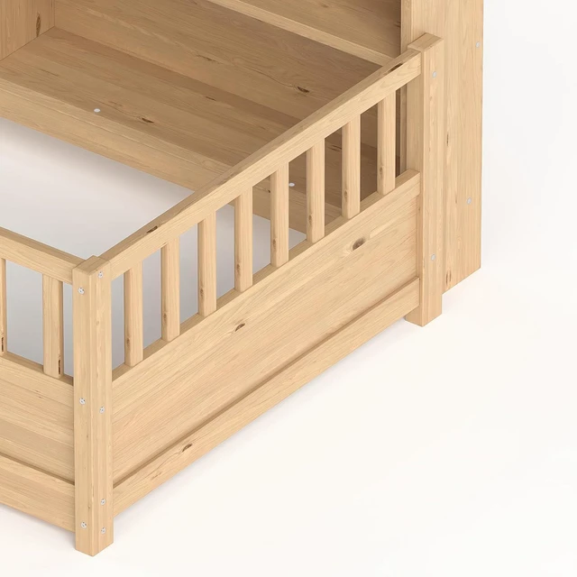 Alt view image 3 of 7 - Twin Size Kids Platform Bed with Bookcase Headboard and Storage Shelves, Montessori Floor Bed & Reading Nook Bed, Space Saving and No Box Spring Required, Natural