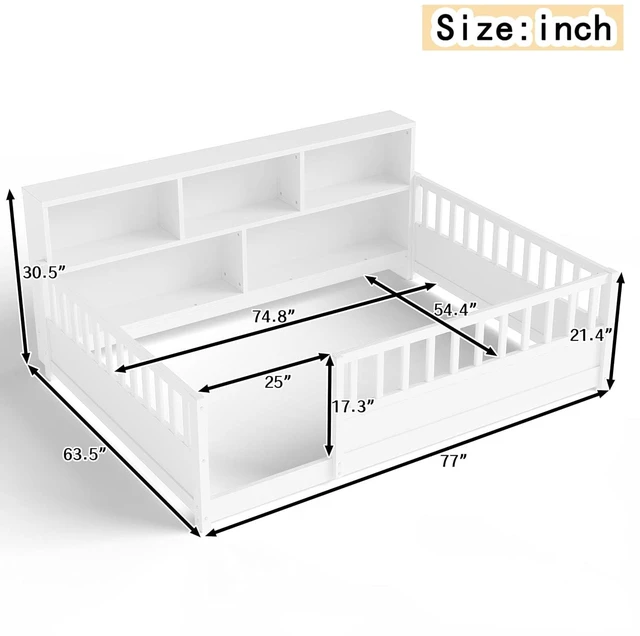 Alt view image 2 of 7 - Full Size Kids Platform Bed with Bookcase Headboard and Storage Shelves, Montessori Floor Bed & Reading Nook Bed, Space Saving and No Box Spring Required, White