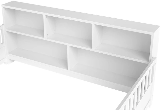 Alt view image 4 of 7 - Full Size Kids Platform Bed with Bookcase Headboard and Storage Shelves, Montessori Floor Bed & Reading Nook Bed, Space Saving and No Box Spring Required, White