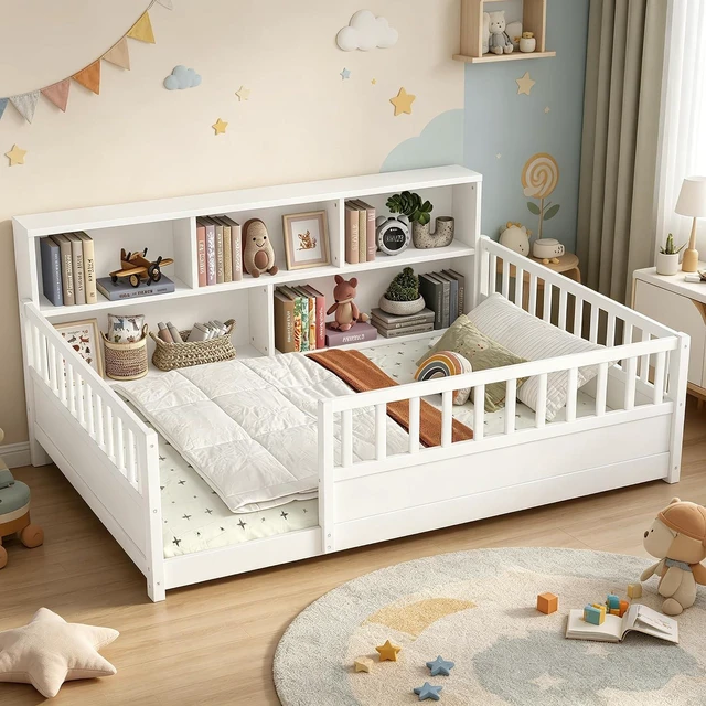 Main image of Full Size Kids Platform Bed with Bookcase Headboard and Storage Shelves, Montessori Floor Bed & Reading Nook Bed, Space Saving and No Box Spring Required, White