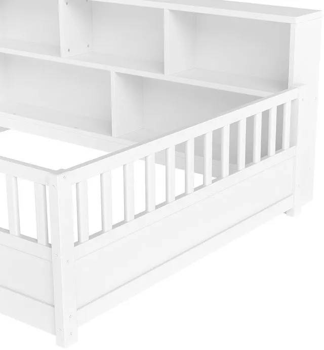 Alt view image 5 of 7 - Full Size Kids Platform Bed with Bookcase Headboard and Storage Shelves, Montessori Floor Bed & Reading Nook Bed, Space Saving and No Box Spring Required, White