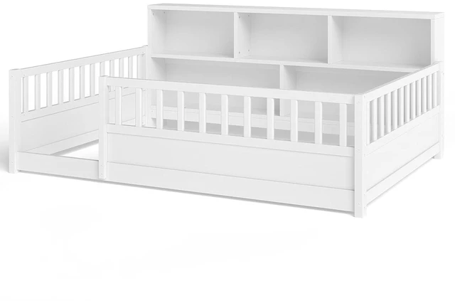 Alt view image 7 of 7 - Full Size Kids Platform Bed with Bookcase Headboard and Storage Shelves, Montessori Floor Bed & Reading Nook Bed, Space Saving and No Box Spring Required, White