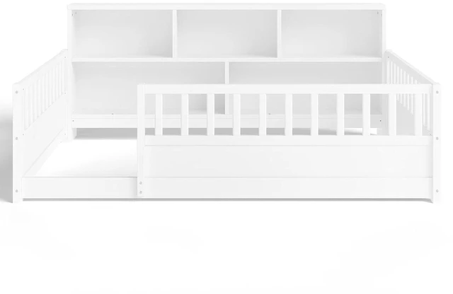 Alt view image 6 of 7 - Full Size Kids Platform Bed with Bookcase Headboard and Storage Shelves, Montessori Floor Bed & Reading Nook Bed, Space Saving and No Box Spring Required, White