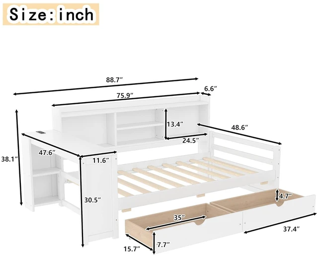 Alt view image 2 of 7 - Twin Size Daybed with USB Charging Station/Ports and Desk, Multifunctional Daybed Frame with Bookshelf and Storage Drawers for Office & Guest Room & Small Bedroom, Space-Saving, White