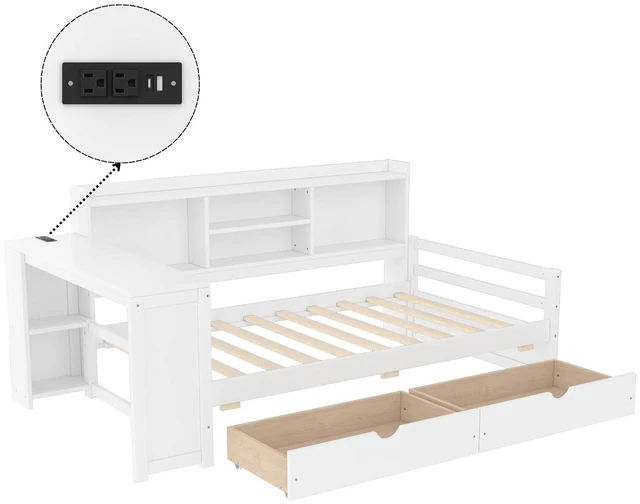 Alt view image 3 of 7 - Twin Size Daybed with USB Charging Station/Ports and Desk, Multifunctional Daybed Frame with Bookshelf and Storage Drawers for Office & Guest Room & Small Bedroom, Space-Saving, White