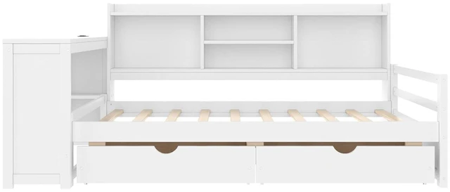 Alt view image 4 of 7 - Twin Size Daybed with USB Charging Station/Ports and Desk, Multifunctional Daybed Frame with Bookshelf and Storage Drawers for Office & Guest Room & Small Bedroom, Space-Saving, White