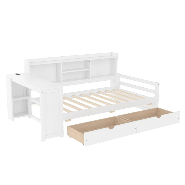 Alt view image 6 of 7 - Twin Size Daybed with USB Charging Station/Ports and Desk, Multifunctional Daybed Frame with Bookshelf and Storage Drawers for Office & Guest Room & Small Bedroom, Space-Saving, White