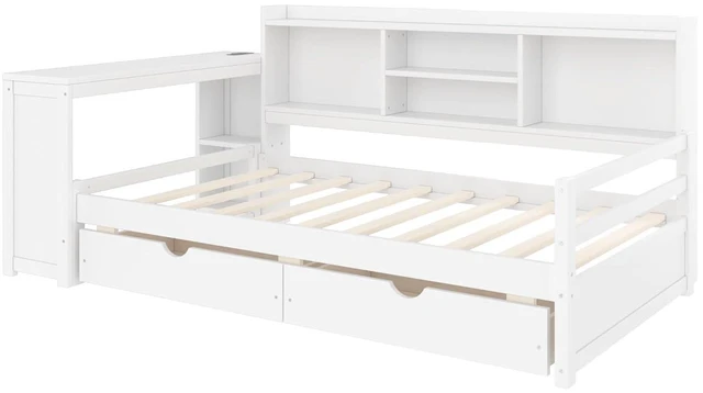 Alt view image 5 of 7 - Twin Size Daybed with USB Charging Station/Ports and Desk, Multifunctional Daybed Frame with Bookshelf and Storage Drawers for Office & Guest Room & Small Bedroom, Space-Saving, White