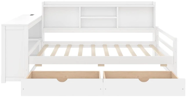 Alt view image 7 of 7 - Twin Size Daybed with USB Charging Station/Ports and Desk, Multifunctional Daybed Frame with Bookshelf and Storage Drawers for Office & Guest Room & Small Bedroom, Space-Saving, White