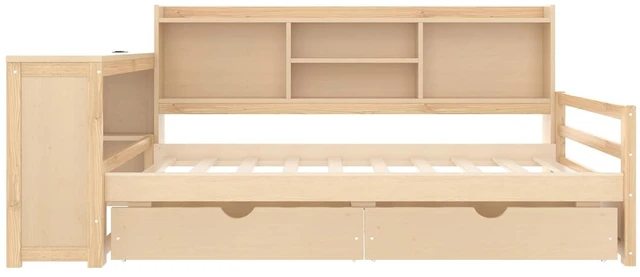Alt view image 4 of 7 - Twin Size Daybed with USB Charging Station/Ports and Storage Drawers, Multifunctional Daybed Frame with Desk and Bookshelf for Office & Guest Room & Small Bedroom, Space-Saving, Natural