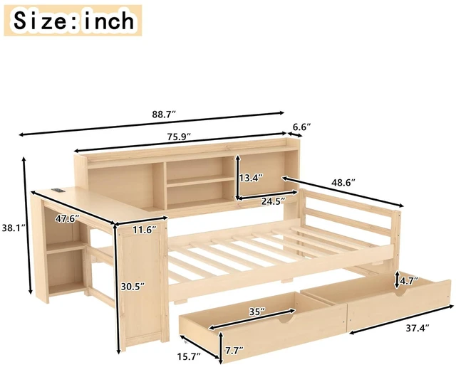 Alt view image 2 of 7 - Twin Size Daybed with USB Charging Station/Ports and Storage Drawers, Multifunctional Daybed Frame with Desk and Bookshelf for Office & Guest Room & Small Bedroom, Space-Saving, Natural