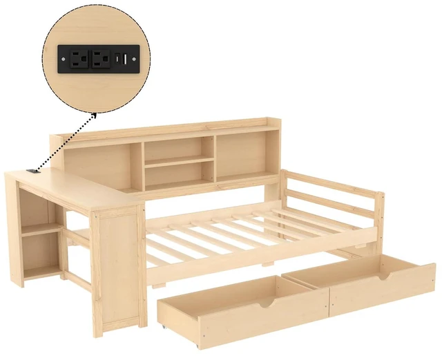 Alt view image 3 of 7 - Twin Size Daybed with USB Charging Station/Ports and Storage Drawers, Multifunctional Daybed Frame with Desk and Bookshelf for Office & Guest Room & Small Bedroom, Space-Saving, Natural