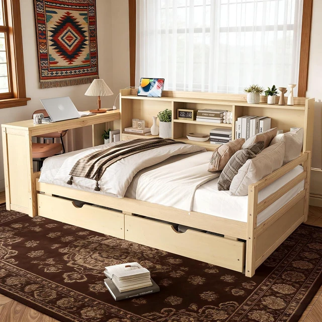 Main image of Twin Size Daybed with USB Charging Station/Ports and Storage Drawers, Multifunctional Daybed Frame with Desk and Bookshelf for Office & Guest Room & Small Bedroom, Space-Saving, Natural