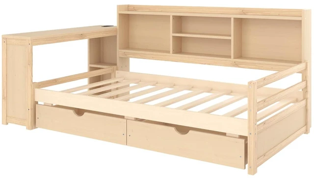 Alt view image 5 of 7 - Twin Size Daybed with USB Charging Station/Ports and Storage Drawers, Multifunctional Daybed Frame with Desk and Bookshelf for Office & Guest Room & Small Bedroom, Space-Saving, Natural