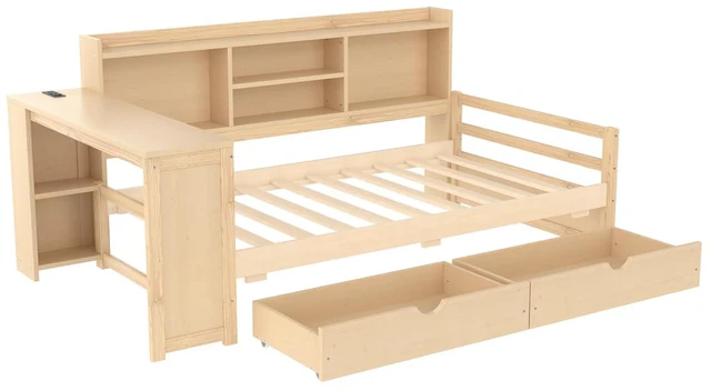 Alt view image 6 of 7 - Twin Size Daybed with USB Charging Station/Ports and Storage Drawers, Multifunctional Daybed Frame with Desk and Bookshelf for Office & Guest Room & Small Bedroom, Space-Saving, Natural