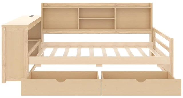 Alt view image 7 of 7 - Twin Size Daybed with USB Charging Station/Ports and Storage Drawers, Multifunctional Daybed Frame with Desk and Bookshelf for Office & Guest Room & Small Bedroom, Space-Saving, Natural