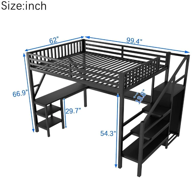 Alt view image 2 of 7 - Queen Size Gaming Loft Bed with USB Charging & Desk & Wardrobe, Metal Loft Bed Frame with Storage Stairs & RGB LED Lights for Teens & Adults, Black