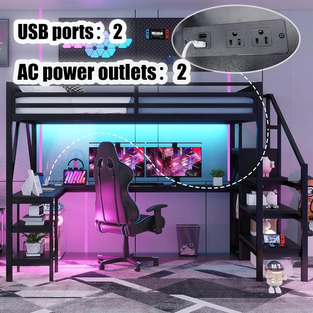 Alt view image 3 of 7 - Queen Size Gaming Loft Bed with USB Charging & Desk & Wardrobe, Metal Loft Bed Frame with Storage Stairs & RGB LED Lights for Teens & Adults, Black