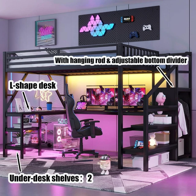 Alt view image 4 of 7 - Queen Size Gaming Loft Bed with USB Charging & Desk & Wardrobe, Metal Loft Bed Frame with Storage Stairs & RGB LED Lights for Teens & Adults, Black