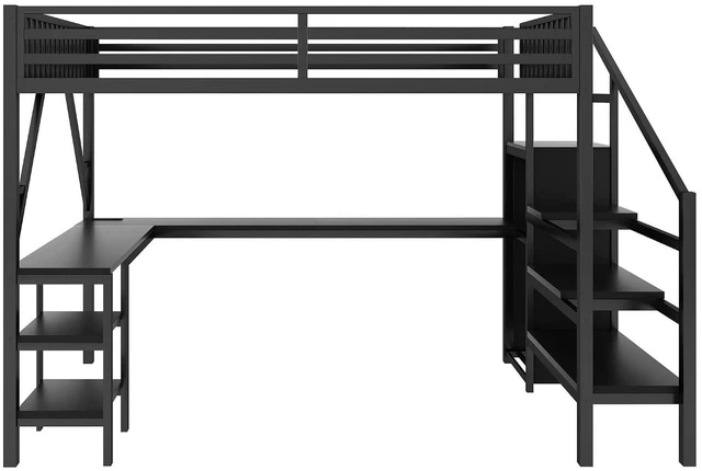Alt view image 6 of 7 - Queen Size Gaming Loft Bed with USB Charging & Desk & Wardrobe, Metal Loft Bed Frame with Storage Stairs & RGB LED Lights for Teens & Adults, Black