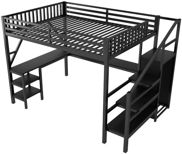 Alt view image 7 of 7 - Queen Size Gaming Loft Bed with USB Charging & Desk & Wardrobe, Metal Loft Bed Frame with Storage Stairs & RGB LED Lights for Teens & Adults, Black