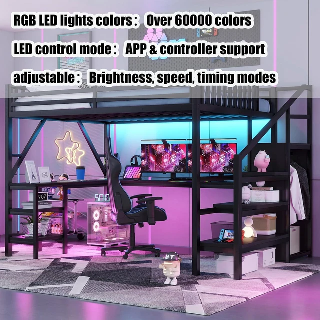 Alt view image 5 of 7 - Queen Size Gaming Loft Bed with USB Charging & Desk & Wardrobe, Metal Loft Bed Frame with Storage Stairs & RGB LED Lights for Teens & Adults, Black