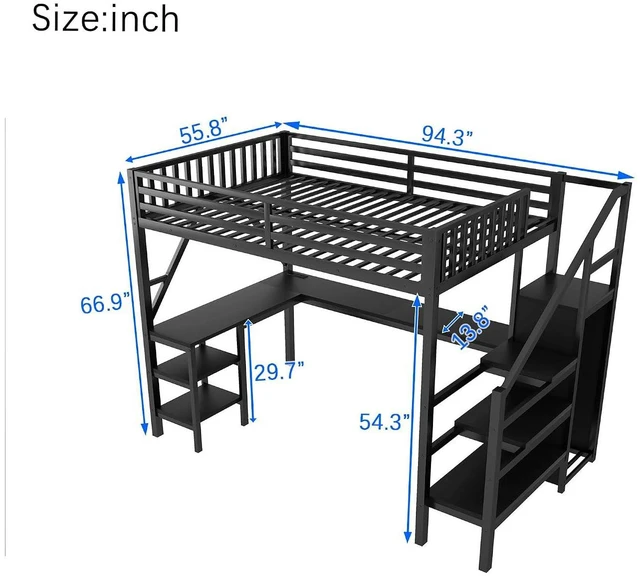 Alt view image 2 of 7 - Full Size Gaming Loft Bed with USB Charging & Desk & Wardrobe, Metal Loft Bed Frame with Storage Stairs & RGB LED Lights for Teens & Adults, Black