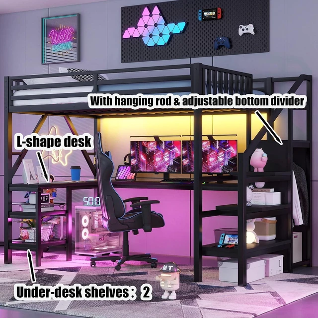 Alt view image 4 of 7 - Full Size Gaming Loft Bed with USB Charging & Desk & Wardrobe, Metal Loft Bed Frame with Storage Stairs & RGB LED Lights for Teens & Adults, Black