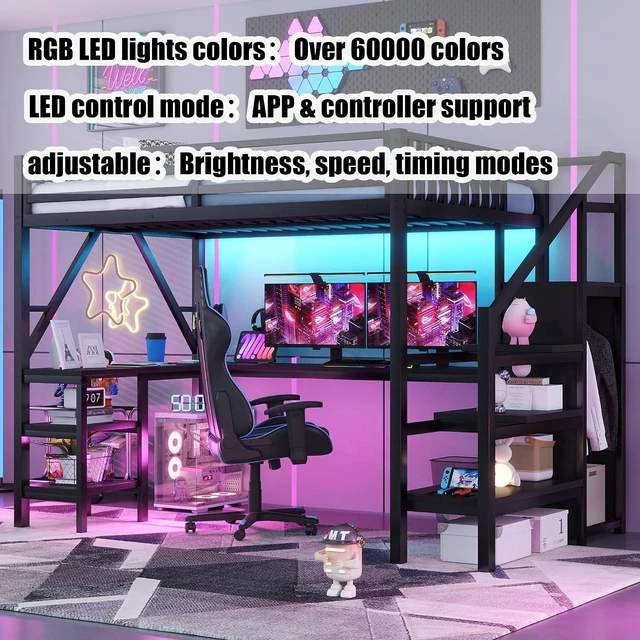 Alt view image 5 of 7 - Full Size Gaming Loft Bed with USB Charging & Desk & Wardrobe, Metal Loft Bed Frame with Storage Stairs & RGB LED Lights for Teens & Adults, Black