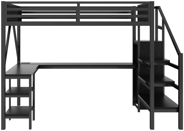 Alt view image 6 of 7 - Full Size Gaming Loft Bed with USB Charging & Desk & Wardrobe, Metal Loft Bed Frame with Storage Stairs & RGB LED Lights for Teens & Adults, Black