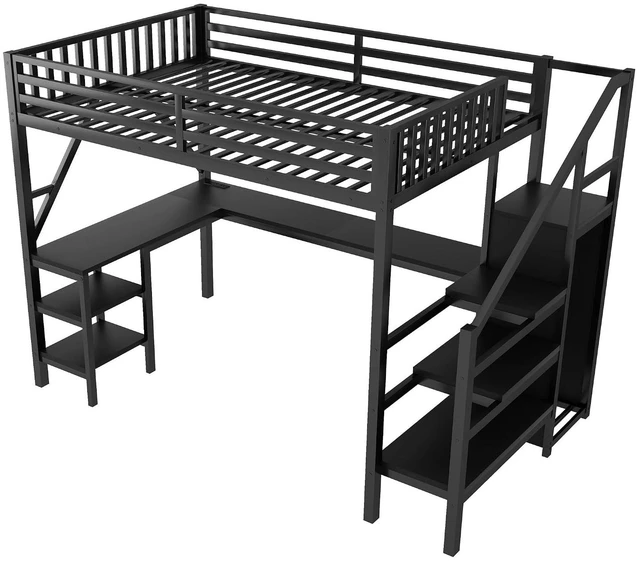 Alt view image 7 of 7 - Full Size Gaming Loft Bed with USB Charging & Desk & Wardrobe, Metal Loft Bed Frame with Storage Stairs & RGB LED Lights for Teens & Adults, Black