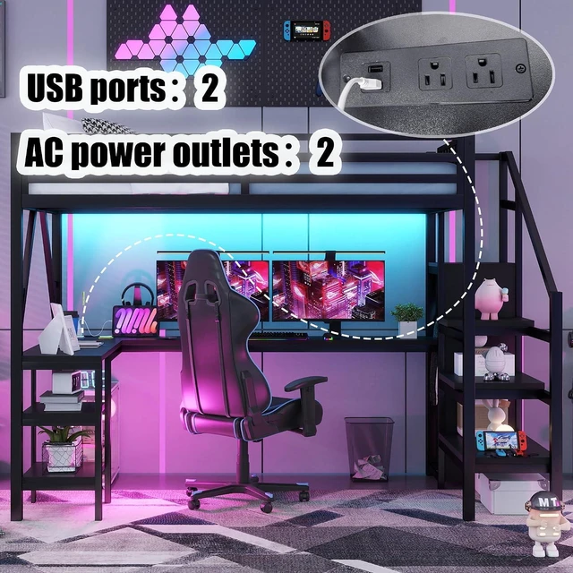 Alt view image 3 of 7 - Full Size Gaming Loft Bed with USB Charging & Desk & Wardrobe, Metal Loft Bed Frame with Storage Stairs & RGB LED Lights for Teens & Adults, Black