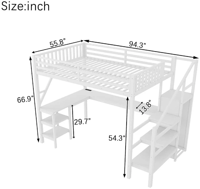 Alt view image 2 of 7 - Full Size Gaming Loft Bed with USB Charging & Desk & Wardrobe, Metal Loft Bed Frame with Storage Stairs & RGB LED Lights for Teens & Adults, White