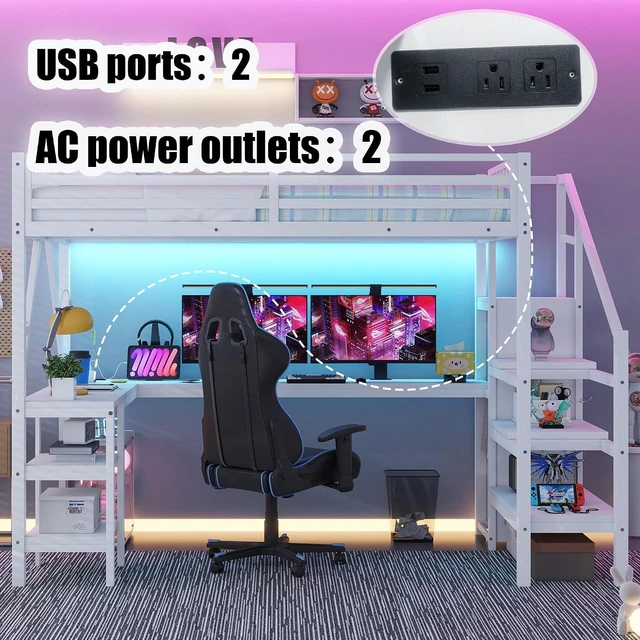 Alt view image 3 of 7 - Full Size Gaming Loft Bed with USB Charging & Desk & Wardrobe, Metal Loft Bed Frame with Storage Stairs & RGB LED Lights for Teens & Adults, White