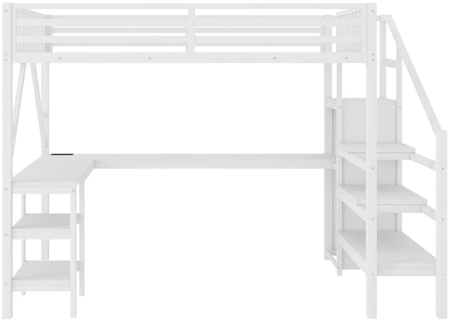 Alt view image 6 of 7 - Full Size Gaming Loft Bed with USB Charging & Desk & Wardrobe, Metal Loft Bed Frame with Storage Stairs & RGB LED Lights for Teens & Adults, White