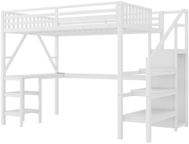 Alt view image 7 of 7 - Full Size Gaming Loft Bed with USB Charging & Desk & Wardrobe, Metal Loft Bed Frame with Storage Stairs & RGB LED Lights for Teens & Adults, White