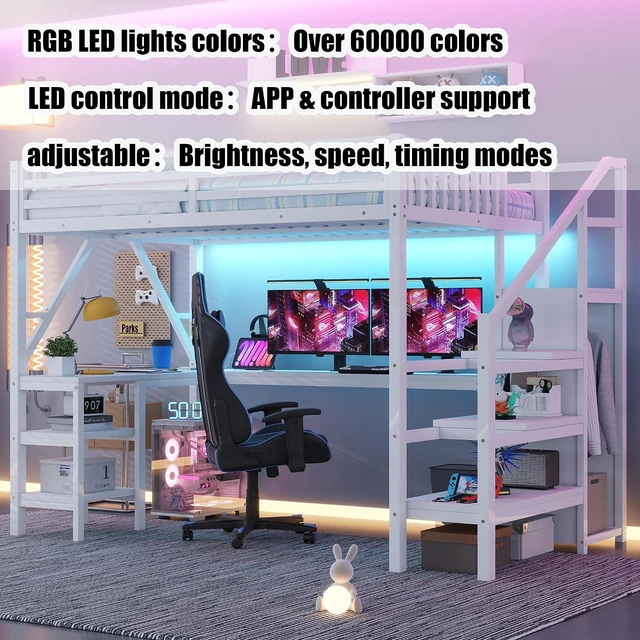 Alt view image 5 of 7 - Full Size Gaming Loft Bed with USB Charging & Desk & Wardrobe, Metal Loft Bed Frame with Storage Stairs & RGB LED Lights for Teens & Adults, White