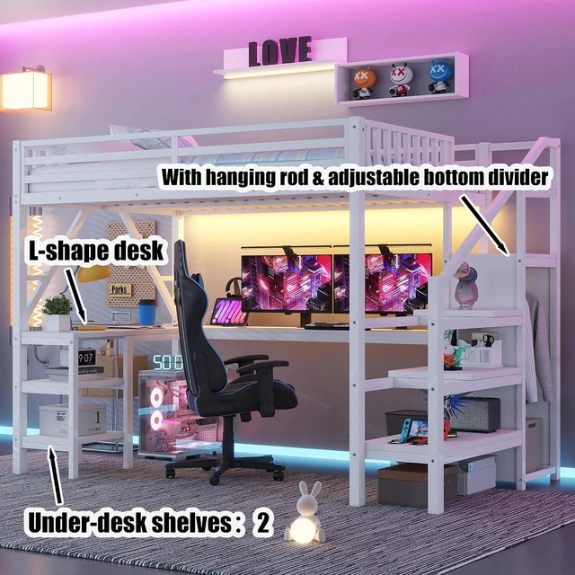 Alt view image 4 of 7 - Full Size Gaming Loft Bed with USB Charging & Desk & Wardrobe, Metal Loft Bed Frame with Storage Stairs & RGB LED Lights for Teens & Adults, White