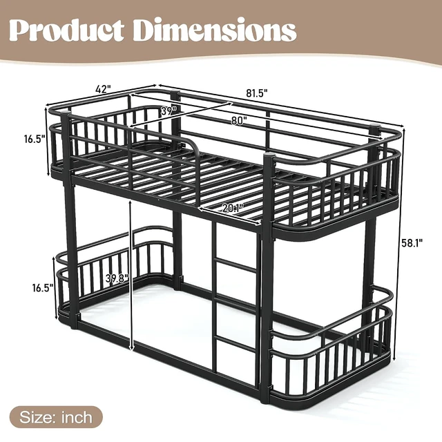 Alt view image 2 of 7 - Floor Twin XL Over Twin XL Bunk Bed with Anti-Slip Ladder, Black
