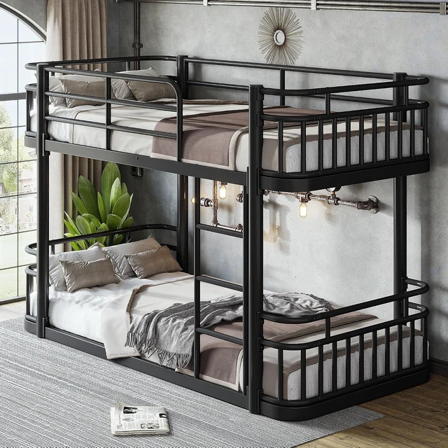 Alt view image 3 of 7 - Floor Twin XL Over Twin XL Bunk Bed with Anti-Slip Ladder, Black