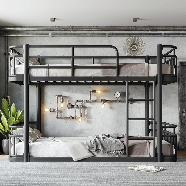 Alt view image 4 of 7 - Floor Twin XL Over Twin XL Bunk Bed with Anti-Slip Ladder, Black