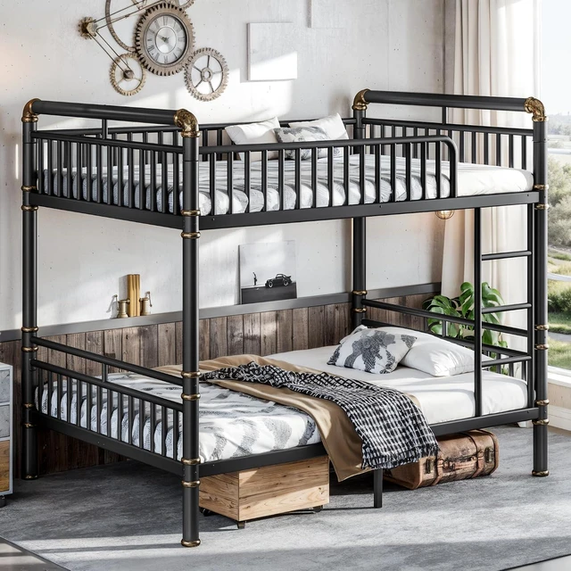 Alt view image 3 of 7 - Metal Full Over Full Bunk Bed with Upgraded Round-Pipe, Black
