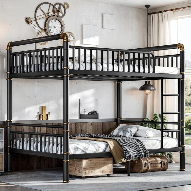 Alt view image 4 of 7 - Metal Full Over Full Bunk Bed with Upgraded Round-Pipe, Black