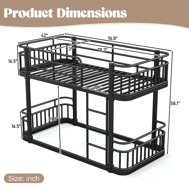 Alt view image 2 of 7 - Floor Twin Over Twin Bunk Bed with Anti-Slip Ladder, Black