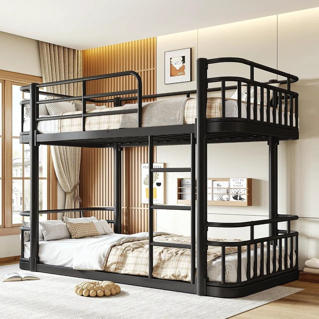 Alt view image 3 of 7 - Floor Twin Over Twin Bunk Bed with Anti-Slip Ladder, Black