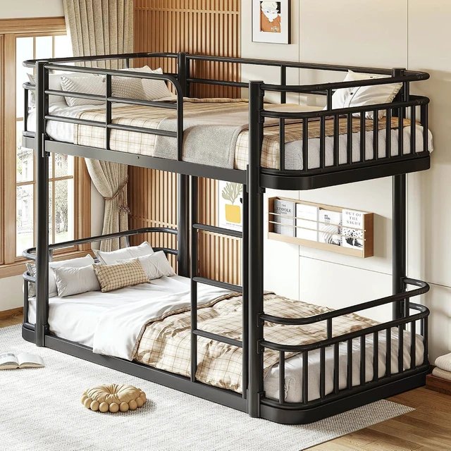 Alt view image 4 of 7 - Floor Twin Over Twin Bunk Bed with Anti-Slip Ladder, Black