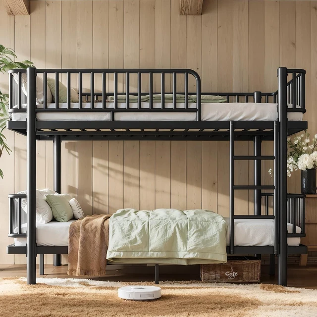 Main image of Queen Over Queen Bunk Bed with Round-Pipe Design, Heavy Duty Metal Bunk Bed with Guardrails, Convertible Into 2 Individual Beds for Kids, Teens, Adults, Under-Bed Storage Space, Black