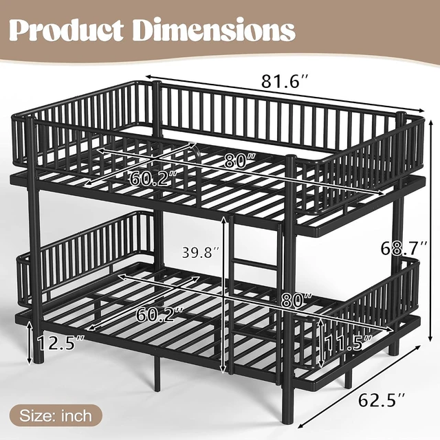 Alt view image 2 of 7 - Queen Over Queen Bunk Bed with Round-Pipe Design, Heavy Duty Metal Bunk Bed with Guardrails, Convertible Into 2 Individual Beds for Kids, Teens, Adults, Under-Bed Storage Space, Black