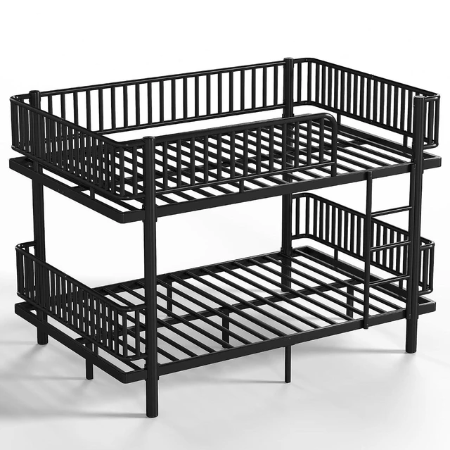 Alt view image 5 of 7 - Queen Over Queen Bunk Bed with Round-Pipe Design, Heavy Duty Metal Bunk Bed with Guardrails, Convertible Into 2 Individual Beds for Kids, Teens, Adults, Under-Bed Storage Space, Black