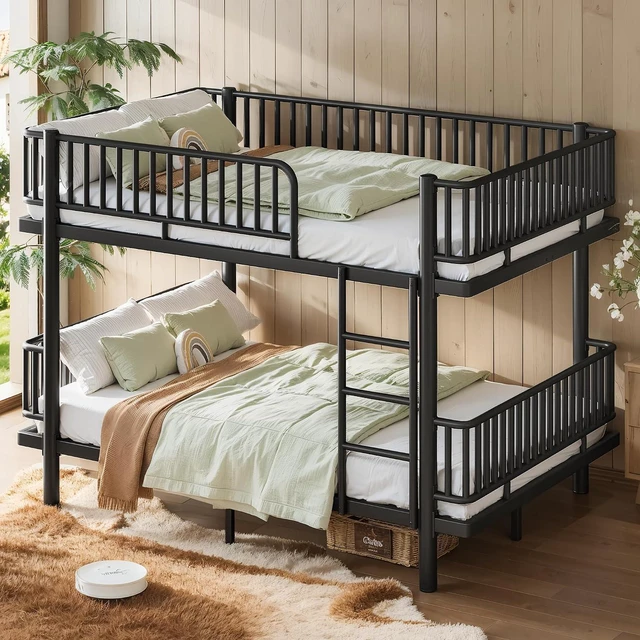 Alt view image 3 of 7 - Queen Over Queen Bunk Bed with Round-Pipe Design, Heavy Duty Metal Bunk Bed with Guardrails, Convertible Into 2 Individual Beds for Kids, Teens, Adults, Under-Bed Storage Space, Black